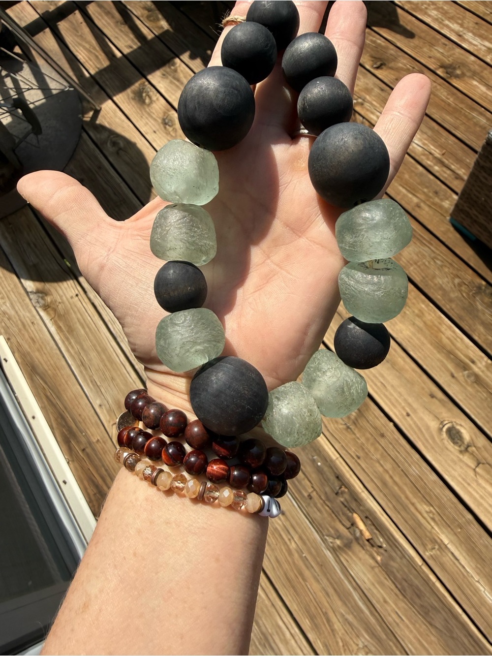 Antique frosted glass AfricanTrade beads (7) and black wood Beads (9) - authenti